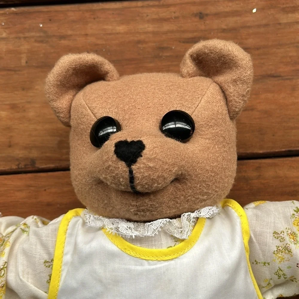 Handmade Teddy Bear with Yellow Floral Dress and Apron